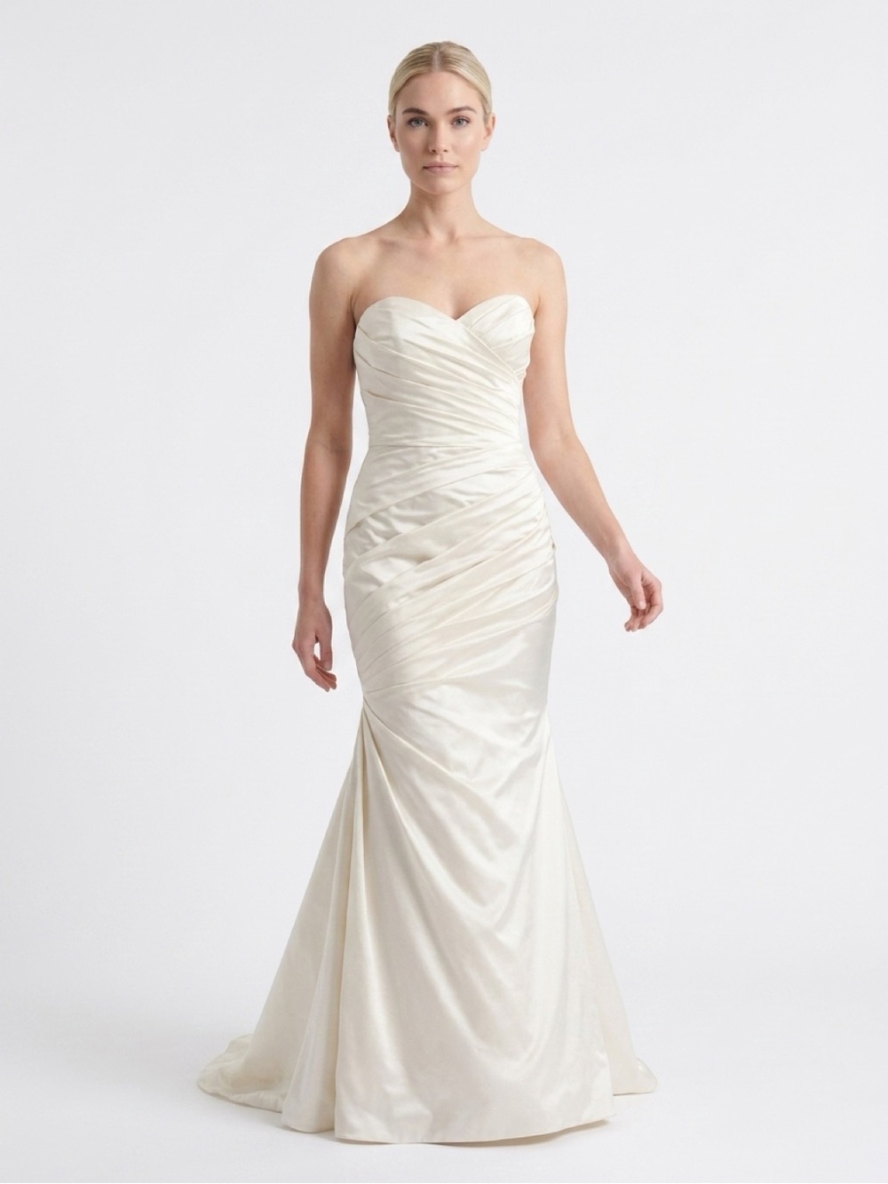 Romona Keveza Ivory Strapless Ruched Satin Mermaid Gown